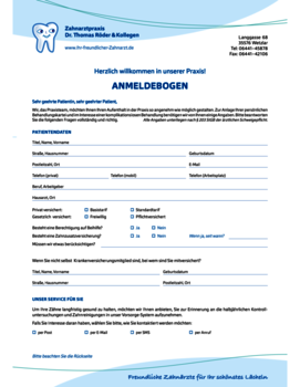 Anamnesebogen Anmeldeformular Zahnarzt Wetzlar - Zahnzentrum Dr. Röder und Kollegen