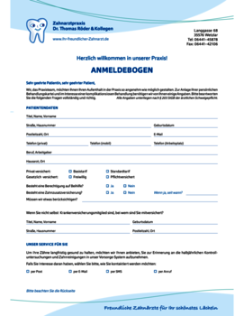 Anamnesebogen Anmeldeformular Zahnarzt Wetzlar - Zahnzentrum Dr. Röder und Kollegen